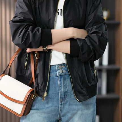 Baseball Aviator Coat Woman Zip-up Black Spring Autumn Plain Bomber Jacket for Women 2025 Trend Fashion High Quality Long Sleeve