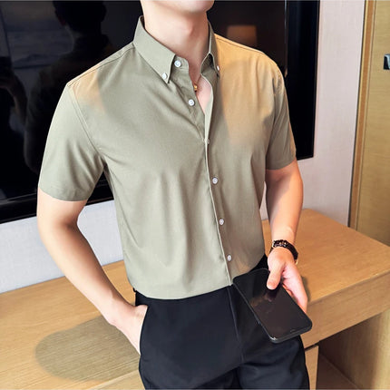 Plus Size 4XL-M High Quality Bamboo Fiber Fabric Dark Stripes Shirts Men Summer Slim Fit Casual Thin Breathable Social Shirt