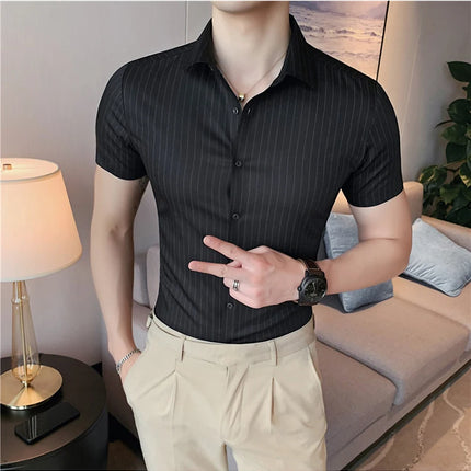 High Quality Ice Silk Traceless Striped Shirt Men's Summer Short Sleeve Slim Casual Business Shirts Tuxedo Men Clothing 4XL-M