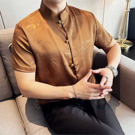 2024 Summer Chinese Style Standing Collar Shirts For Men Fashion Print Short Sleeve Slim Fit Casual Social Party Tuxedo 4XL-M