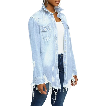 Women Jeans Jackets Spring Summer Ripped Denim Vintage Casual Denim Jacket Long Sleeve Female Chic Coat Streetwear 2024