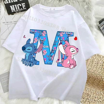 Disney Stitch T-shirts for Women Men Anime Letter A-Z Printed Short Sleeved Shirt Female Male Summer Fashion Top Adults Clothes