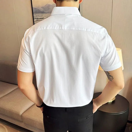 Plus Size 4XL-M High Quality Bamboo Fiber Fabric Dark Stripes Shirts Men Summer Slim Fit Casual Thin Breathable Social Shirt