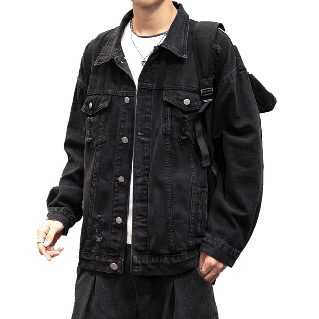 Light Blue Men Denim Jacket, Single Breasted Lapel Casual Coat, Washed Hole Decoration Top,Black,Gray Male Jackets,Asian Size