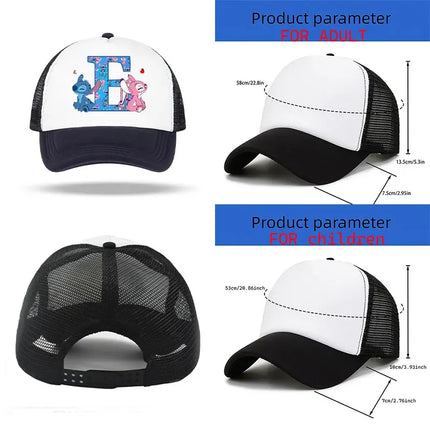 Disney Stitch Parent-child Baseball Cap Cartoon Letter A-Z Printed Peaked Cap Men Women Kids Summer Fashion Sunscreen Cute Caps
