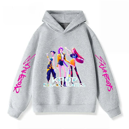 Gray Hoodies Trendy Casual Clothing Long Sleeve For Girls Child K-pop Demon Hunters Clothing Toddler New Printing Hooded Tops