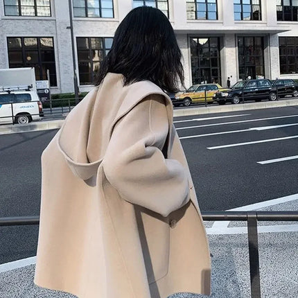 Thickened Hebridean Style Double-sided Woolen Jacket For Women Winter Loose-fit Hooded Overcoat 300lbs Mmplus Size