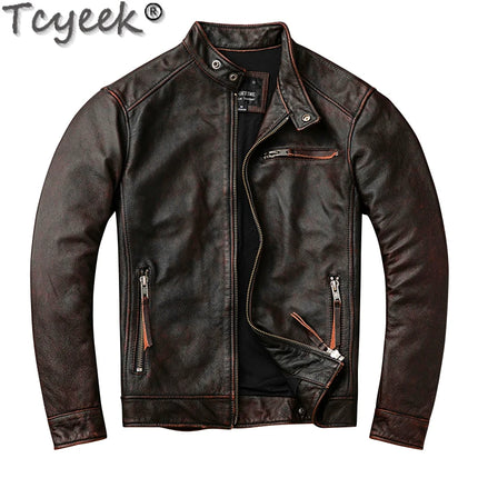 Tcyeek Genuine Leather Jacket for Men Top Layer Cowhide Coats Spring Autumn Vintage Leather Coat Mens Jackets Jaqueta Masculina