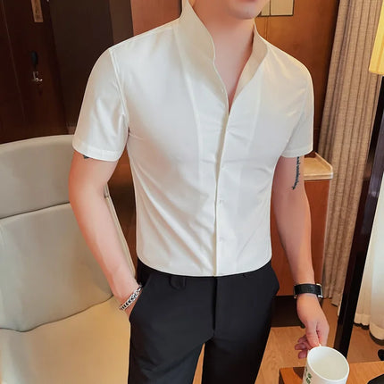 Men's Summer Fashion Stand Collar Business Casual Short Sleeve Shirt Luxury Slim Fit Solid Dress Shirt Brand Men Clothes 5XL-M