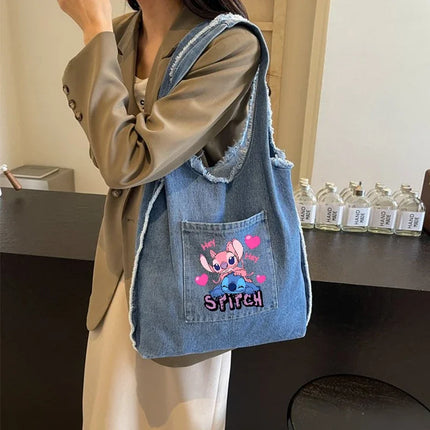 Disney Stitch Fashion Retro Denim Bag Women Anime High-capacity Shoulder Bag Female Students Commute Handbag Popular Tote-bag