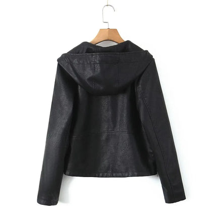 Autumn 2024 new women's fashion casual Joker temperament commuting slim zipper hooded leather jacket.