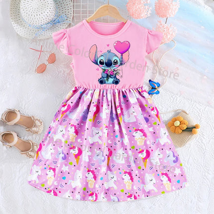 Disney Lilo & Stitch Fashion Dress for Girls Anime Cartoon Cute Skirt Children Summer Sweet Cute Dresses Kids Birthday Gifts