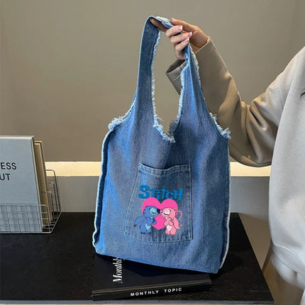 Disney Stitch Fashion Retro Denim Bag Women Anime High-capacity Shoulder Bag Female Students Commute Handbag Popular Tote-bag