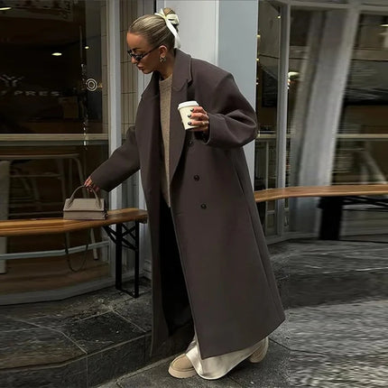 Elegant Shawl Collar Lace Up Long Woolen Coat Women Full Sleeve Belt Lapel Thick Overcoat 2025 Autumn Winter Lady Chic Outwear