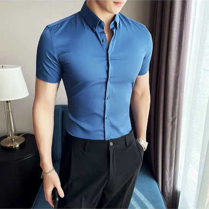 2025 Summer Solid Slim Fit Shirt High Quality Men Business Casual Short Sleeved Social Party Shirts Men Clothing Plus Size 5XL-M