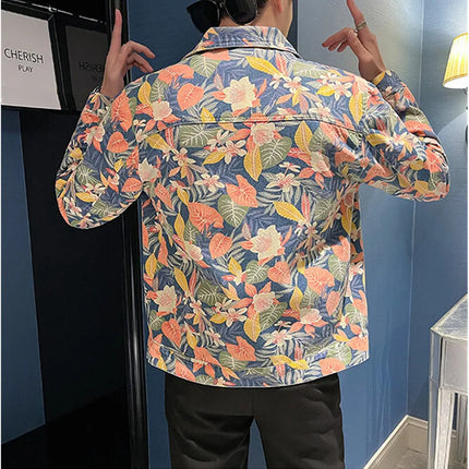 Men's Printed Denim Jacket in Red, Single Breasted Square Collar Coat, White Blue Trim, Asian Size M-4XL