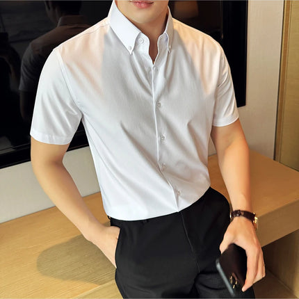 Plus Size 4XL-M High Quality Bamboo Fiber Fabric Dark Stripes Shirts Men Summer Slim Fit Casual Thin Breathable Social Shirt