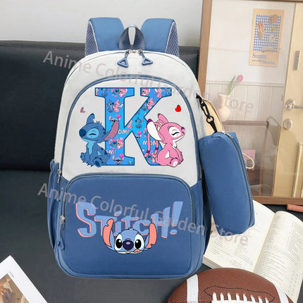 Disney Stitch Large Capacity Backpack with Pencil Bag Cartoon Letter A-Z Printed Fashion Schoolbag Book Stationery Storage Bags