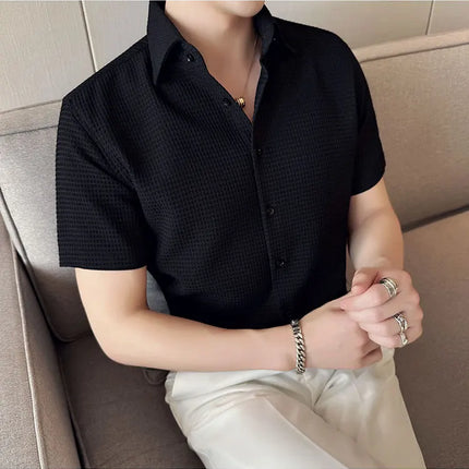 2023 Summer Waffle Short Sleeved Shirt Men Fashion Casual Solid Color Lapel Loose Shirt Male Korean Social Business Dress Blouse