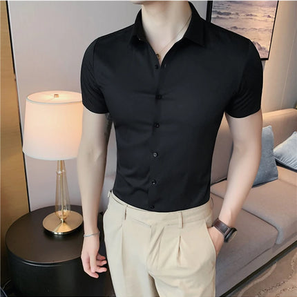 2025 Summer Ice Silk Seamless Shirt High Quality Silky Smooth Short Sleeve Slim Casual Business Tuxedo Shirts Mens Clothing 4XL