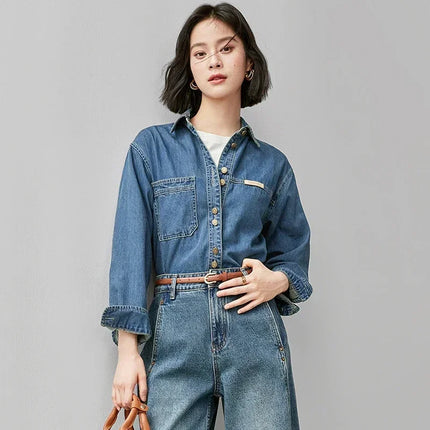 SENTUBILA 100% Cotton Washed Denim Jacket for Women 2025 Spring Retro Loose Patchwork Pockets Leather Logo Coat W43C56148
