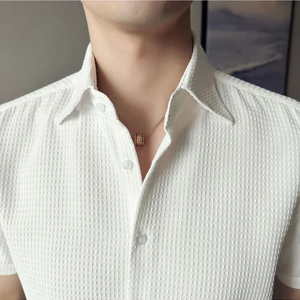 2023 Summer Waffle Short Sleeved Shirt Men Fashion Casual Solid Color Lapel Loose Shirt Male Korean Social Business Dress Blouse