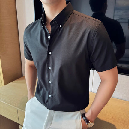 Plus Size 4XL-M High Quality Bamboo Fiber Fabric Dark Stripes Shirts Men Summer Slim Fit Casual Thin Breathable Social Shirt