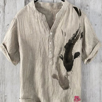Bamboo Linen Hawaiian Shirt Tropical Style 3D Digital Printing Pine Tree Pattern Men's Short Sleeve Stand Collar Shirt