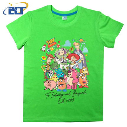 Disney Toy Story Land To Infinity and Beyond 1995 Printed Kids T-shirt Pure Cotton Short Sleeve Cartoon Top for Boys and Girls