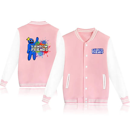 Rainbow Friends Printed Fleece Baseball Jacket European Size round Neck Loose Fit Women's Jacket Rainbow Colorful Outerwear