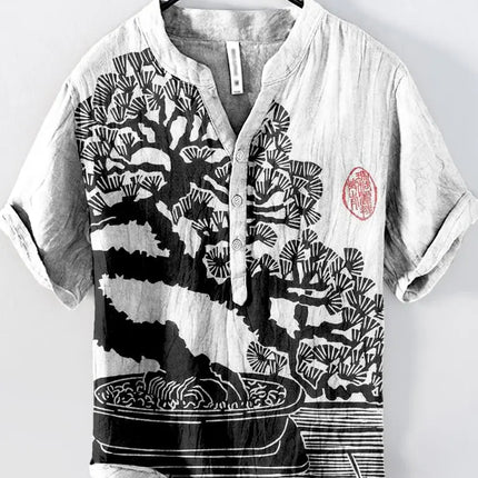 Bamboo Linen Hawaiian Shirt Tropical Style 3D Digital Printing Pine Tree Pattern Men's Short Sleeve Stand Collar Shirt