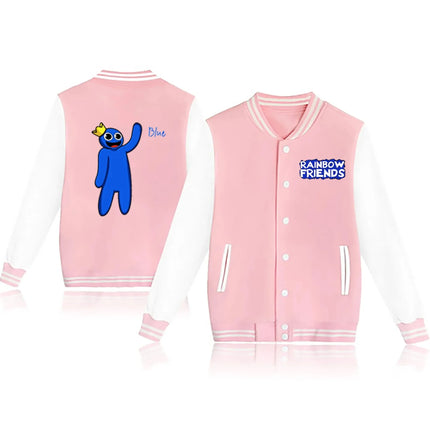 Rainbow Friends Printed Fleece Baseball Jacket European Size round Neck Loose Fit Women's Jacket Rainbow Colorful Outerwear