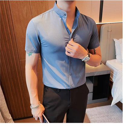Men's Summer Fashion Stand Collar Business Casual Short Sleeve Shirt Luxury Slim Fit Solid Dress Shirt Brand Men Clothes 5XL-M