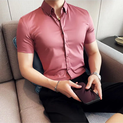 2025 Summer Solid Slim Fit Shirt High Quality Men Business Casual Short Sleeved Social Party Shirts Men Clothing Plus Size 5XL-M