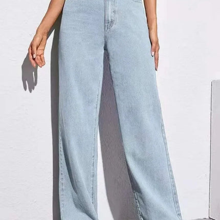 Jeans Women Long Pant Denim Pants Straight Trousers Elegant Splice Button High Waist Regular Casual Loose Autumn Winter