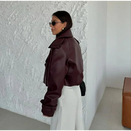 Women Red Wine Leather Short Jackets With Belt Vintage Turndown Collar Long Sleeve Coats 2024 Female Chic Streetwear Cardigan