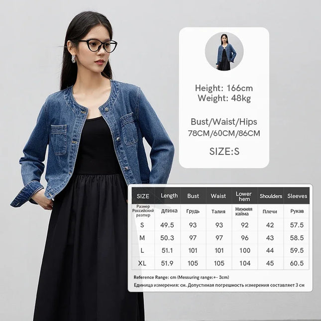SENTUBILA Pure Cotton Denim Jacket Women 2025 Spring Autumn Outerwear Round Neck Pockets Cropped Jeans Coat Womans W41W53402