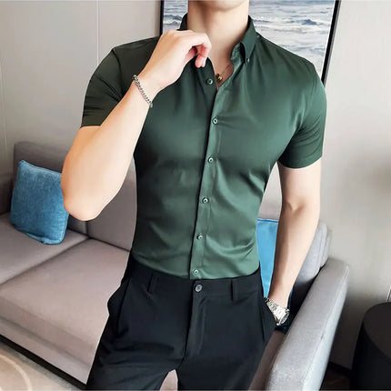2025 Summer Solid Slim Fit Shirt High Quality Men Business Casual Short Sleeved Social Party Shirts Men Clothing Plus Size 5XL-M
