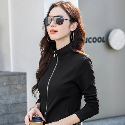 New Women's Zippered Stand Collar Jacket Slim Fit Long Sleeve Cotton Solid Color Casual Outerwear