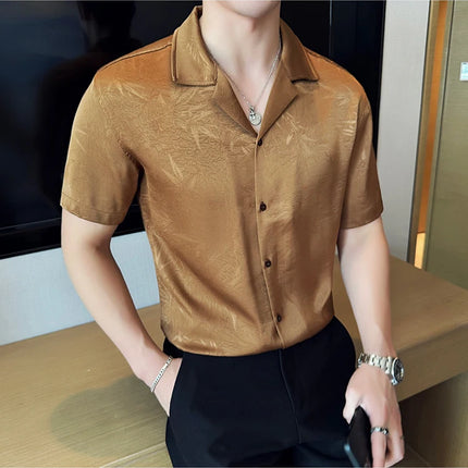New Chinese Jacquard Shirt Luxury Men Elegant Print Slim Fit Casual Prom Social Shirts High Quality Summer Short Sleeved Tuxedo