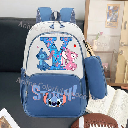 Disney Stitch Large Capacity Backpack with Pencil Bag Cartoon Letter A-Z Printed Fashion Schoolbag Book Stationery Storage Bags