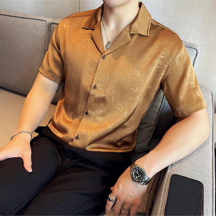 New Chinese Jacquard Shirt Luxury Men Elegant Print Slim Fit Casual Prom Social Shirts High Quality Summer Short Sleeved Tuxedo