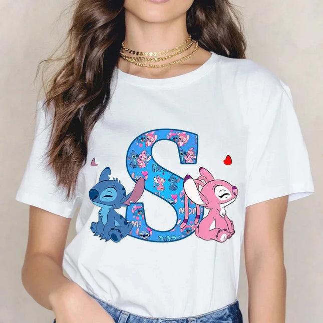 Disney Stitch T-shirts for Women Men Anime Letter A-Z Printed Short Sleeved Shirt Female Male Summer Fashion Top Adults Clothes