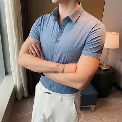 High Quality Ice Silk Traceless Striped Shirt Men's Summer Short Sleeve Slim Casual Business Shirts Tuxedo Men Clothing 4XL-M