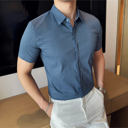 2024 Summer Fashion Vertical Striped Shirts Luxury Men's Hidden Button Short Sleeved Slim Fit Casual Business Shirt Men Clothing