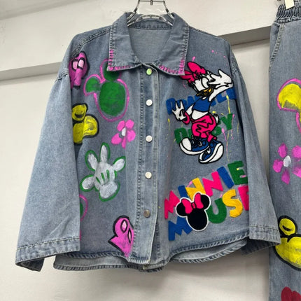 2025 Spring New Women's Beautiful Cartoon Graffiti Coat Heavy Industry Denim Jacket Straight Thin Wide-leg Pants Two-pieces Sets