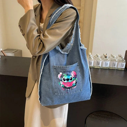 Disney Stitch Fashion Retro Denim Bag Women Anime High-capacity Shoulder Bag Female Students Commute Handbag Popular Tote-bag