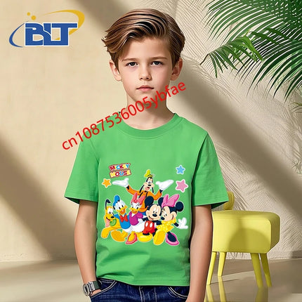 Disney Mickey Mouse and Friends print kids T-shirt pure cotton short-sleeved green top cartoon children's clothing for boys