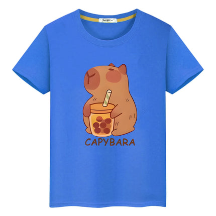 Capybara drinks milk tea print anime Short t shirt for kids boy 10year y2k one piece 100%Cotton Tops pride tshirt girls clothes