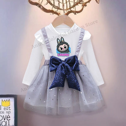 Labubu Cute Mesh Bow Dress for Children Anime Cartoon Kawaii One-piece Dresses Girls Spring New Sweet Fake Two Dress Strap Skirt